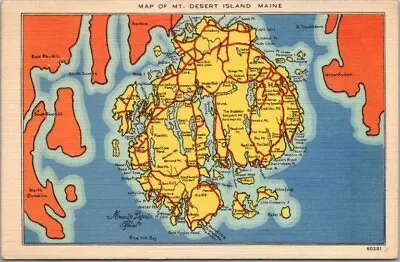 MOUNT DESERT ISLAND Maine MAP Postcard Acadia National Park - Linen 1940s Unused • $5.60