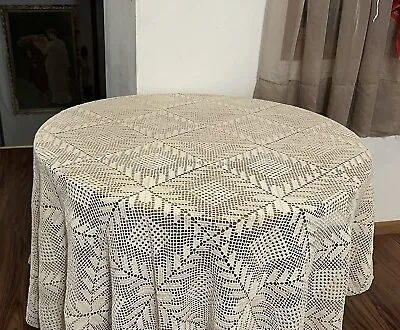 Antique Cotton Crochet French Beige Fabric Linen Table Cloth Geometric Design • $179