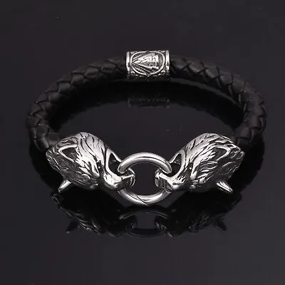 Men's Norse Viking Stainless Steel Wolf Bracelet Real Leather Cuff Bangle Amulet • $9.99