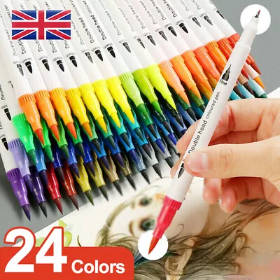 £11.55 • Buy 24 Colour Watercolour Brush Pens Set Dual Tip Soft Fine Art Markers Drawing UK