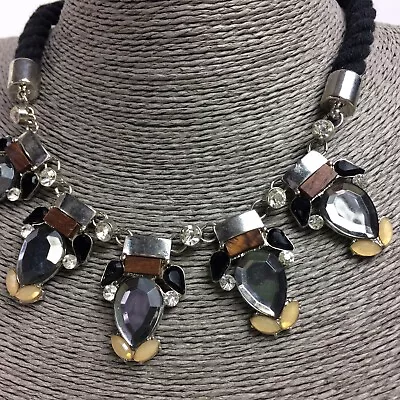 £4.99 • Buy Statement Necklace Grecian Style Collar Silvertone With Rhinestones + Cord Chain