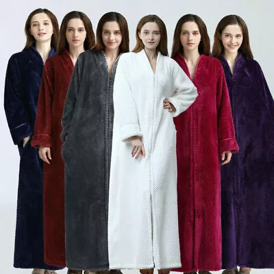 Ladies Women Fleece Zip House Coats Dressing Gown Soft Long Fleece Bath Robe New • £32.26