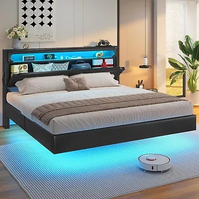 King Size Bed Frame With Hidden Storage Headboard Leather Floating Platform Bed • $279.89