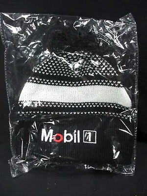 Mobil 1  Logo Knit Cuffed Black And White Beanie/Hat - Embroidered - W/Pom Pom • $8.95