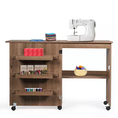 Folding Sewing Craft Table Shelves Cabinet Home Furniture W/Wheels Brown • $99.99
