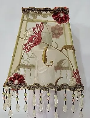 Vintage Floral Iridescent & Gold Clip On Lamp Shade W/ Beaded Fringe 5.25 T EUC  • $45