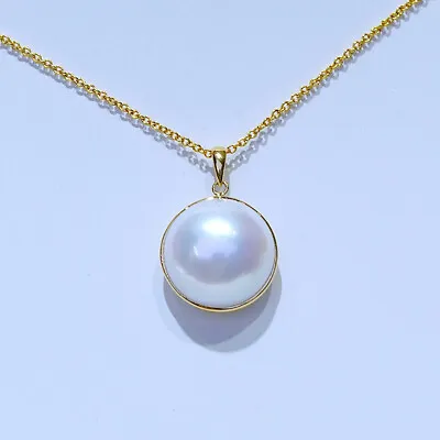 18K Solid Gold Natural 12-13mm Mabe Pearl Pendant Necklace O Chain Charm 18 In • $198.85