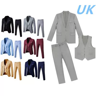 UK Mens 3Pcs Formal Suit Solid Blazer Long Sleeve Jacket Vest Trousers Outfit • £15.59