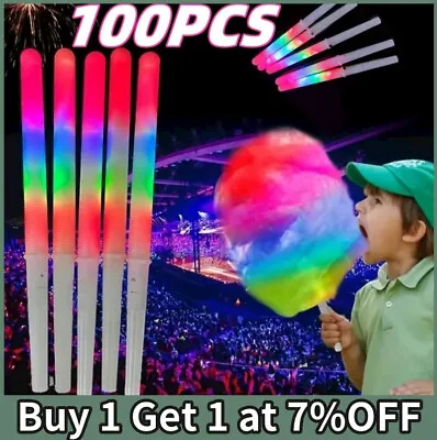 100x LED Cotton Candy Floss Glow Sticks Light Flashing Stick Cone Kids Party Fun • £3