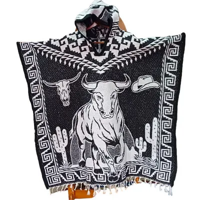 Mexican Pancho With Hoodie | Jorongo | One Size | Horse/Cowboy Design | Black  • $37