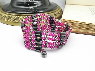 Magnetic Hematite Pink Crystal Silver Tone Wrap Bracelet Or Necklace J14 • $14.44