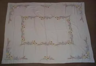 Vintage Polyester Tablecloth 51  X 67  White Embroidered Needlepoint Floral • $9.99