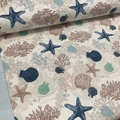 Nautical Upholstery Fabric Beach Coastal Sea Shell Ocean Starfish Reef Outdoor • £8.49