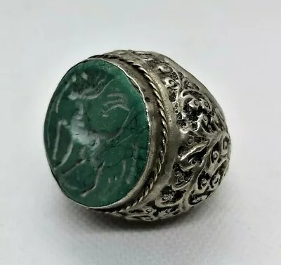 £144.56 • Buy Detector Finds Ancient Viking Huge Silver Color Ring With Green Stone Engravings