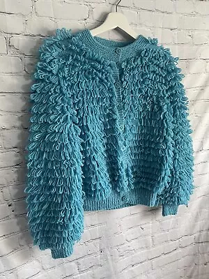 Blue Loop Knit Cardigan Handknitted Vintage Size Medium Shaggy Hippy Festival • £30