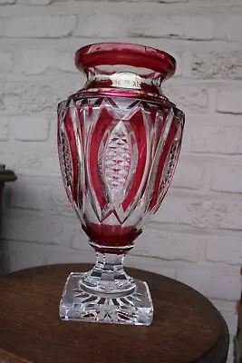 VAL SAINT LAMBERT JUPITER Crystal Glass Ruby Red Clear Cut Vase • $875