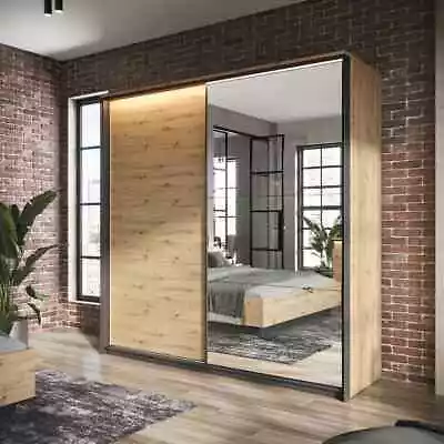 Modern Bedroom Furniture 2 Sliding Door Mirrored Wardrobe LED 220cm Oak Black • £798.88