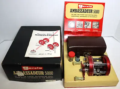$48 • Buy Vintage 1962 Abu Garcia Ambassadeur 5000 Red Casting Reel Set EXC In Box Sweden