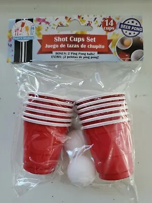 14 Mini Red Cups Disposable Plastic Shot Glass Party Drink W/2 Ping Pong Balls • $10.49