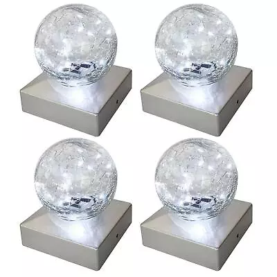 4 X Solar LED Crackle Ball Garden Post Deck Cap Lights Outdoor Fence Cool White • £27.99