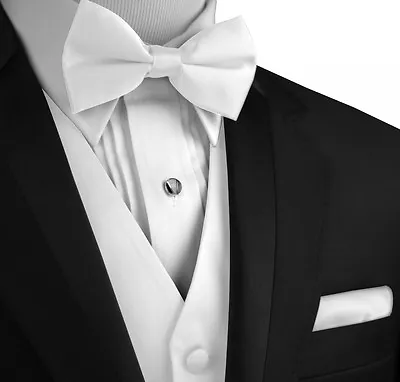 Men's Solid Satin Tuxedo Vest Bow-Tie & Hankie. Formal Casual Wedding Prom • $22.95