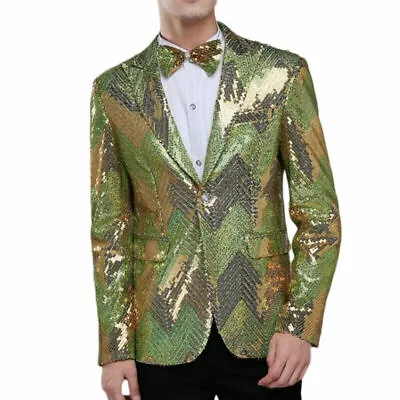 Men Sequin Suit Blazer Dress Jacket Bowtie Showman Costume Coat Fake Pocket • $58.23