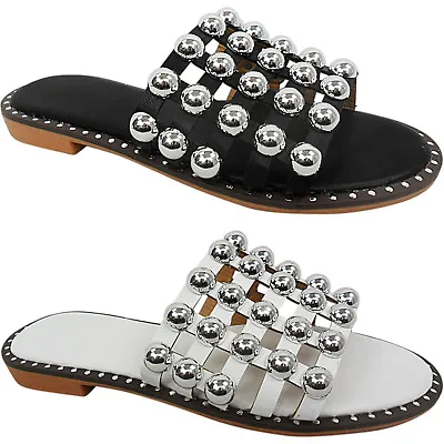 New Womens Flat Low Slip On Studded Cage Mules Flip Flops Sliders Sandals Size  • £13.95
