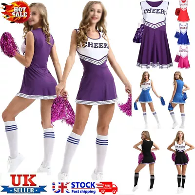 Uk Cheerleader Fancy Dress Outfit Uniform High School Cheer Costume & Pom Poms • £6.64