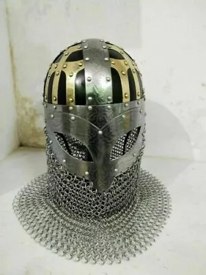 Roman Ancient War Helmet In Brass And Steel With Chainmail Curtain. • $150