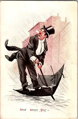 Humor Ship Ahoy Hic Drunk Man Top Hat Tux Trying To Open Umbrella Rain Postcard • $4.69