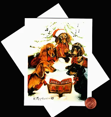 HTF CHRISTMAS Dachshund Puppy Dog Song Book Santa Hat - SMALL - Greeting Card • $4.95