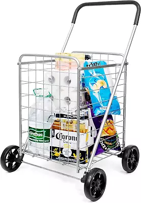 Grocery Utility Shopping Cart - Deluxe Utility Cart With Oversized Basket And To • $68.99