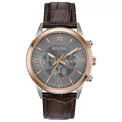 Bulova Men's Quartz Chronograph Brown Leather Band Grey Dial Watch 42mm 98A219 • $199.99