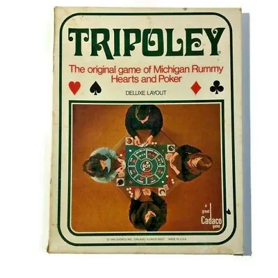 TRIPOLEY Michigan Rummy Hearts And Poker 1969 Cadaco Deluxe Ed. 111 Mat 2 Decks • $14.99