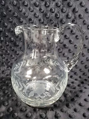 Vintage Etched & Blown Glass Pitcher Gray Cut Floral Design With Leaves 7.5  • $24.99