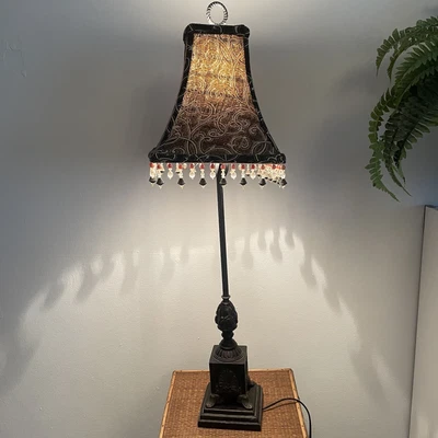 £65.92 • Buy Vintage Black Boudoir Table Lamp Victorian Look Beaded Shade Art Deco 34  Tall
