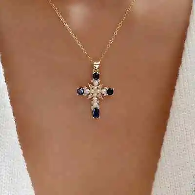 1.10 Ct Round Lab Created Sapphire 18'' Cross Pendant 14K Yellow Gold Plated • $83.19