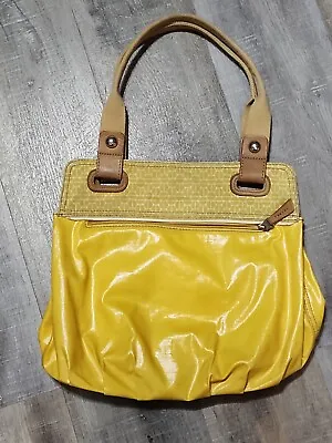 Vtg FOSSIL Key Per Coated Canvas Mustard Yellow Tote Purse Boho Chic • $7.95