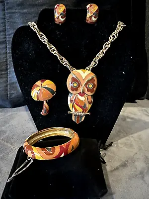 Vintage Eisenberg Artist Series Enamel  Owl Necklace Bracelet Pin Earrings • $275
