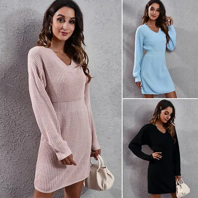 Women Fashion Jumper Dress V Neck Long Sleeve Knitted Bodycon Mini Sweater Top • £20.86