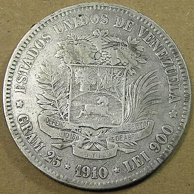 1910 Venezuela 5 Bolivares .900 Silver Coin Y#24.2 37 Mm 25 Grams • $31.99