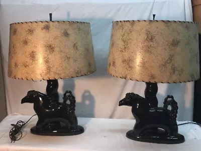 Vtg PAIR Mid-Century Black Beauty Horse Equestrian Table Lamps Fiberglass Shades • $224.99
