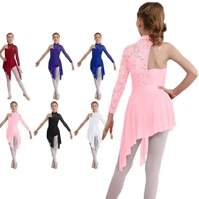Girls Single Long Sleeve Lace Patchwork Lyrical Dance Dress Modern Dance Costume • £12.49