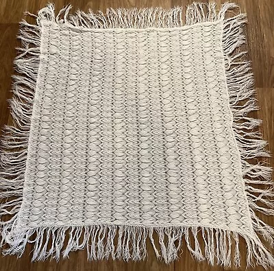 Mothercare White Vintage Pram Blanket Knitted Fringe 87cm X 87cm  Great Britain • $30