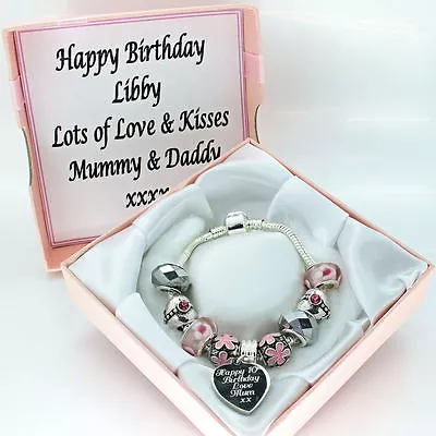 Girls ENGRAVED Bracelet Jewellery Pink Silver Beads PERSONALISED Birthday Gifts • £13.95