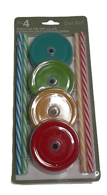 Home Essential Mason Jar Lids And Straws Set Of (4) Red Yellow Green Blue New • $4.89