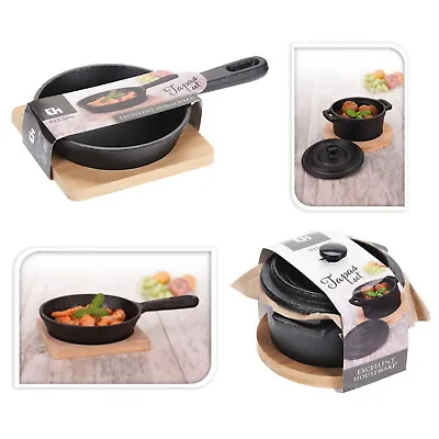 £12.99 • Buy Tapas Dish Mini Cast Iron Frying Pan Skillet Casserole Oven Wooden Serving Board