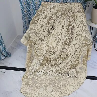 Vintage 72 X 88 Oval Cream Brown Floral Lace Tablecloth Scalloped Edge • $39.99