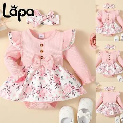 2PCS Infant Baby Girl Floral Ribbed Jumpsuit Dress Heandband Outfits Clothes Set • £12.19