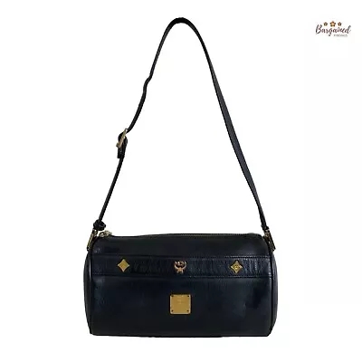 Authentic MCM Vintage Black Leather Gold Studded Logo Motifs Small Shoulder Bag • $165